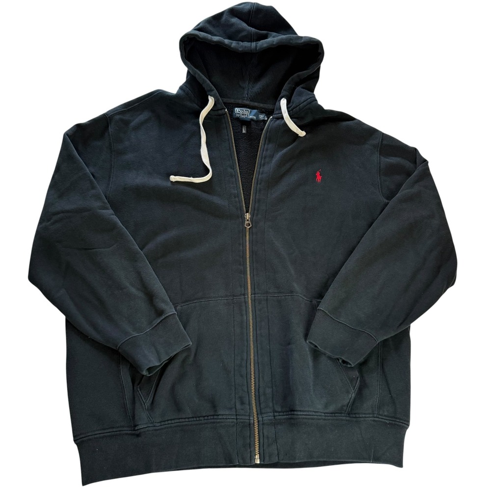 Polo Ralph Lauren Mens 2XLT Black Full Zip Hoodie Red Pony Logo Tall XL Fleece